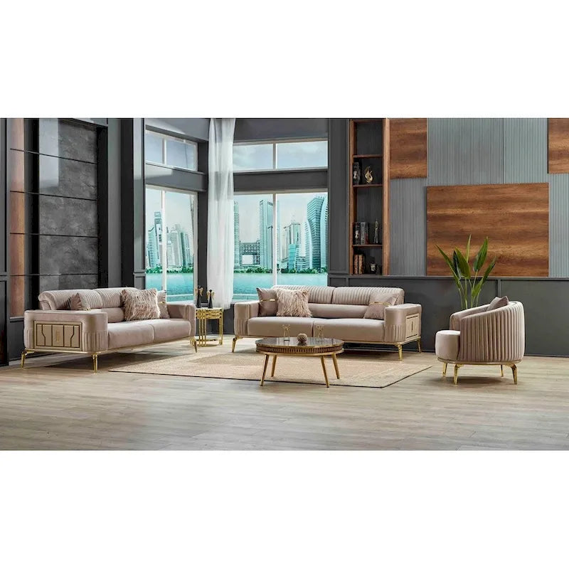 Ensemble canapé, causeuse et fauteuil d'appoint traditionnel à accoudoirs arrondis crème (3 pièces, 5 places)