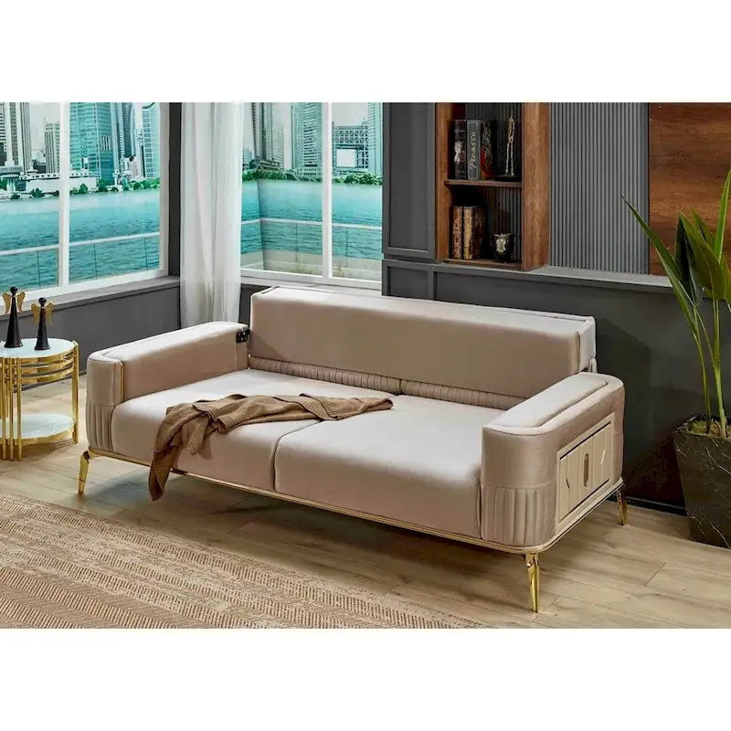 Ensemble canapé, causeuse et fauteuil d'appoint traditionnel à accoudoirs arrondis crème (3 pièces, 5 places)