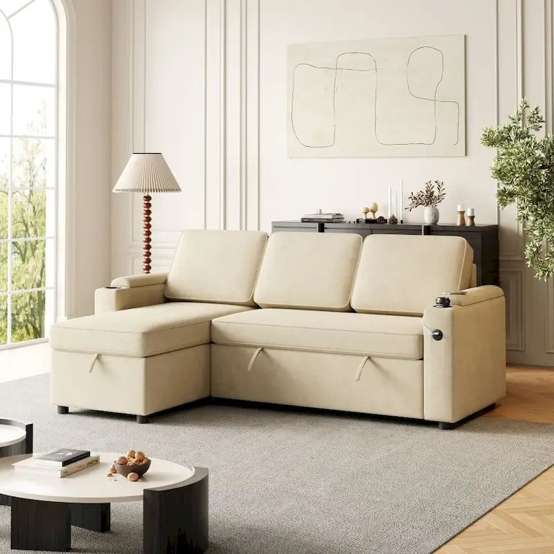 Canapé sectionnel d'angle 2 places convertible beige
