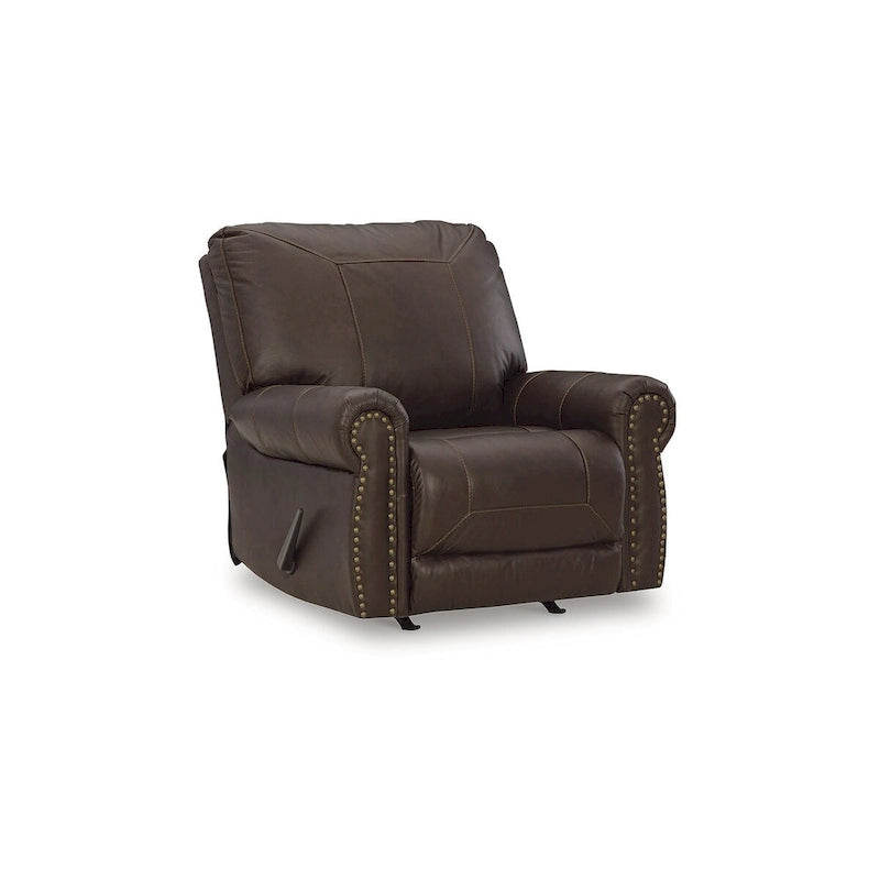 Fauteuil inclinable marron foncé avec accoudoirs arrondis, capitonné, une place, cuir et similicuir
