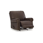 Fauteuil inclinable marron foncé avec accoudoirs arrondis, capitonné, une place, cuir et similicuir