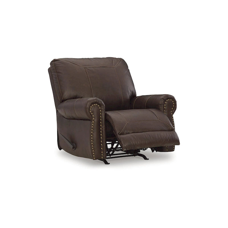 Fauteuil inclinable marron foncé avec accoudoirs arrondis, capitonné, une place, cuir et similicuir