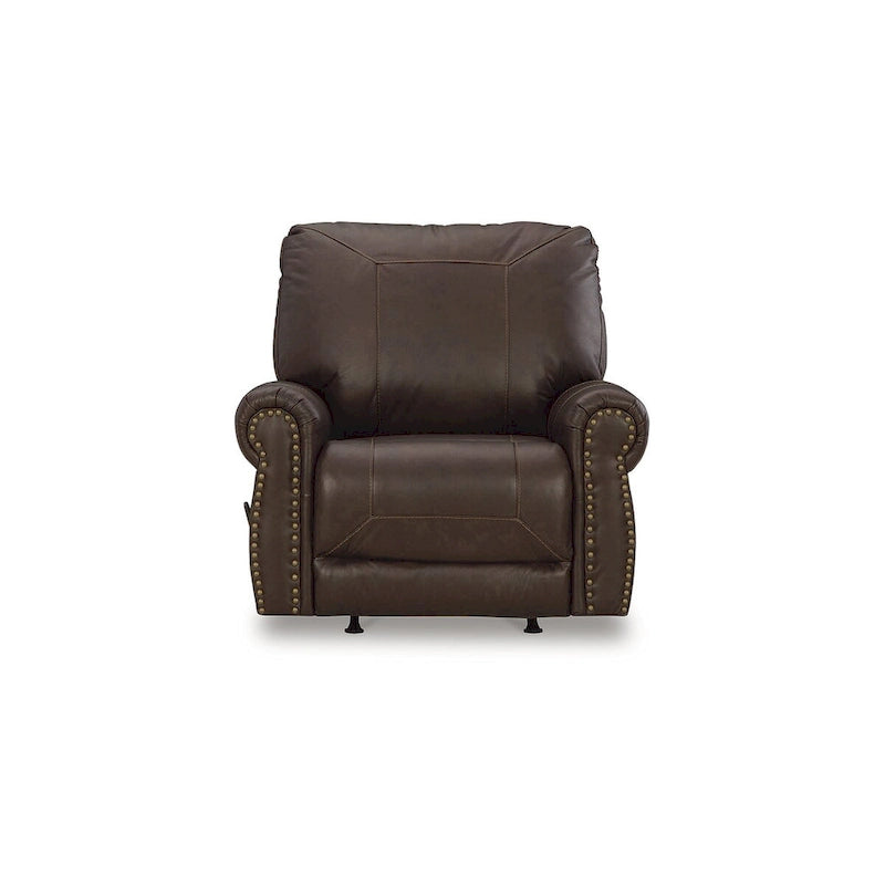 Fauteuil inclinable marron foncé avec accoudoirs arrondis, capitonné, une place, cuir et similicuir