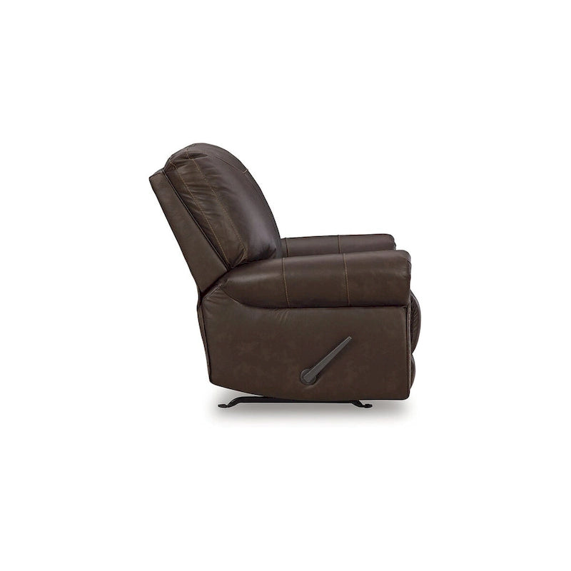 Fauteuil inclinable marron foncé avec accoudoirs arrondis, capitonné, une place, cuir et similicuir