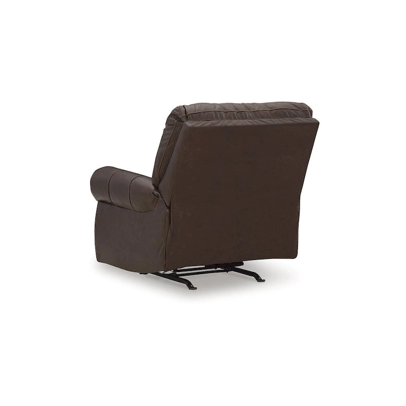 Fauteuil inclinable marron foncé avec accoudoirs arrondis, capitonné, une place, cuir et similicuir