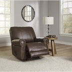 Fauteuil inclinable marron foncé avec accoudoirs arrondis, capitonné, une place, cuir et similicuir