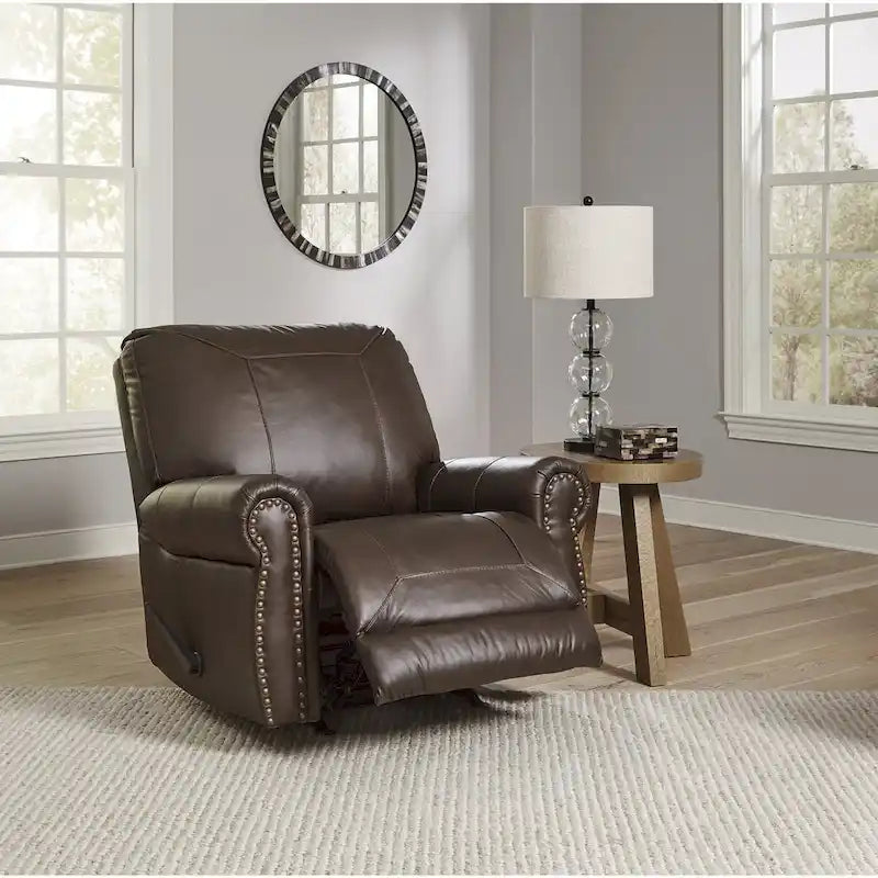 Fauteuil inclinable marron foncé avec accoudoirs arrondis, capitonné, une place, cuir et similicuir