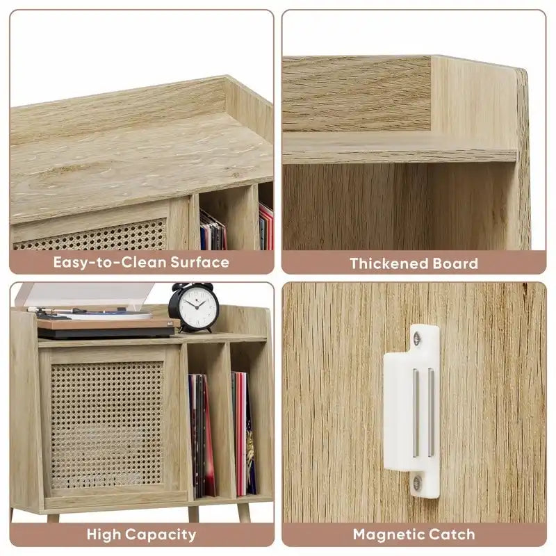 Meuble et table d'appoint pour platine vinyle en rotin naturel, simple, 40D x 66L x 64H cm