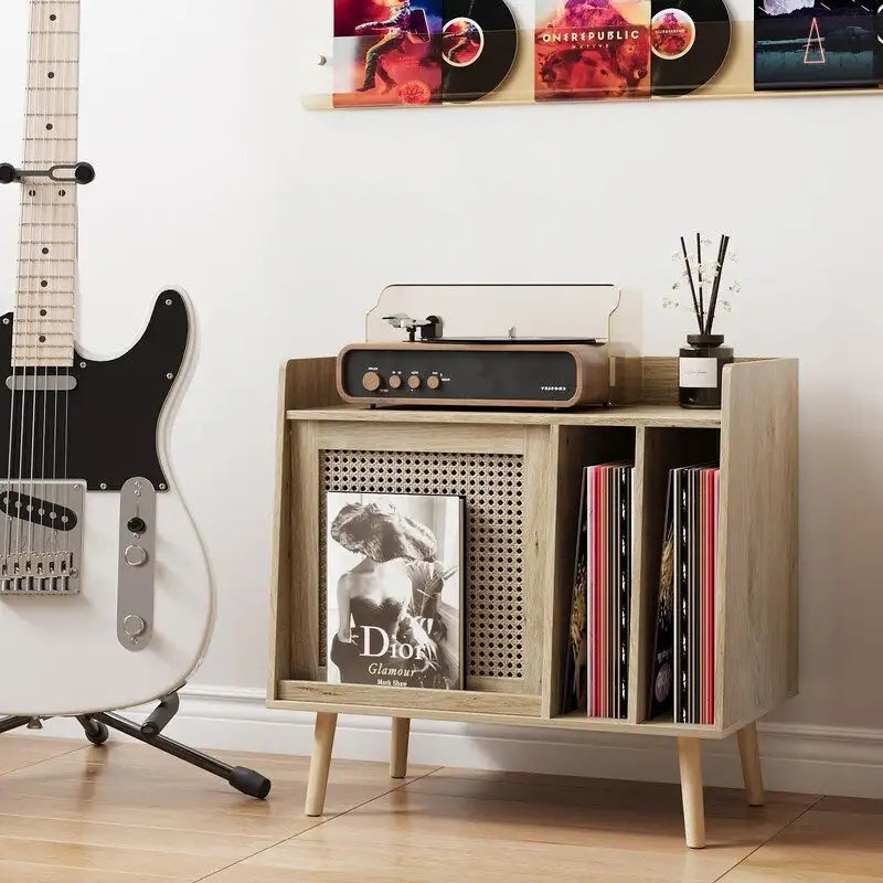 Meuble et table d'appoint pour platine vinyle en rotin naturel, simple, 40D x 66L x 64H cm