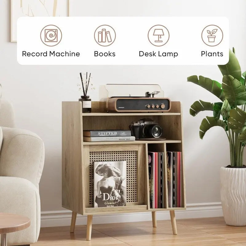 Meuble et table d'appoint pour platine vinyle en rotin naturel, simple, 40D x 66L x 64H cm