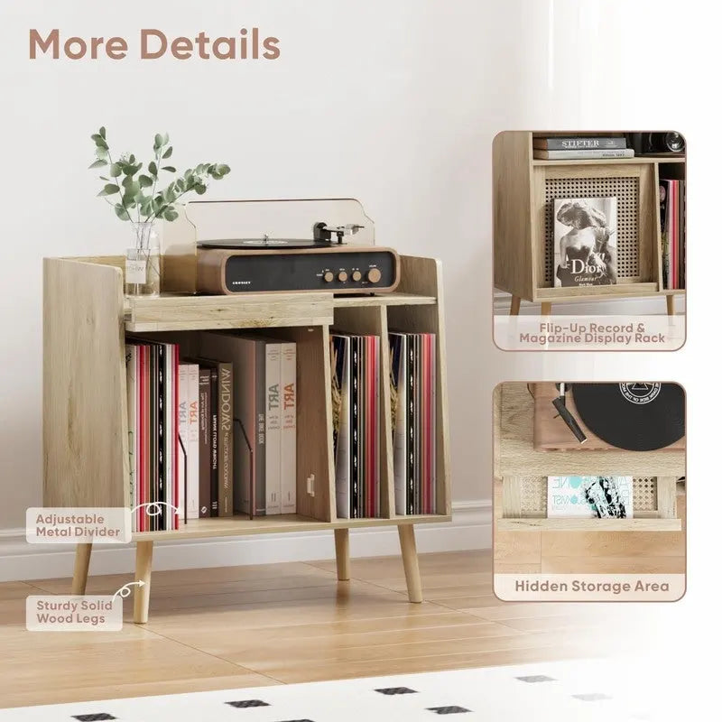 Meuble et table d'appoint pour platine vinyle en rotin naturel, simple, 40D x 66L x 64H cm