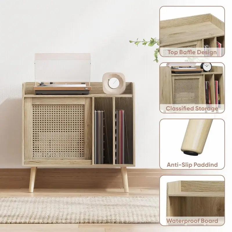 Meuble et table d'appoint pour platine vinyle en rotin naturel, simple, 40D x 66L x 64H cm
