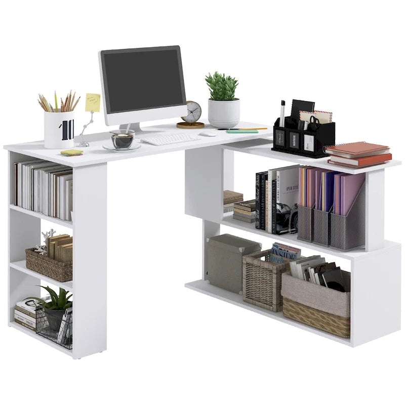 Bureau d'angle en L blanc/naturel, rotatif à 360°, 1 personne