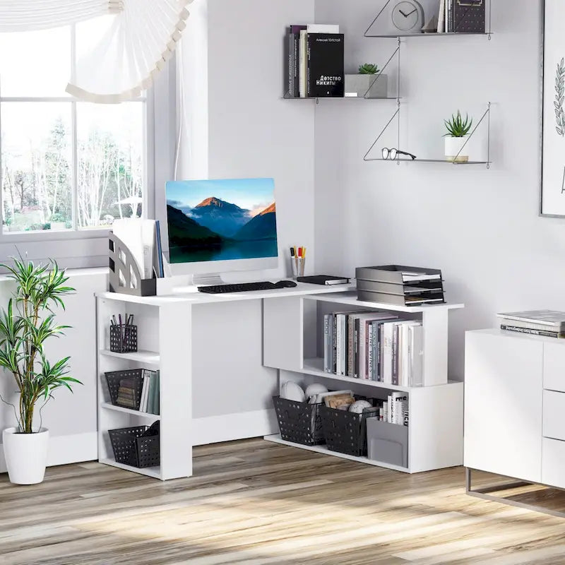 Bureau d'angle en L blanc/naturel, rotatif à 360°, 1 personne