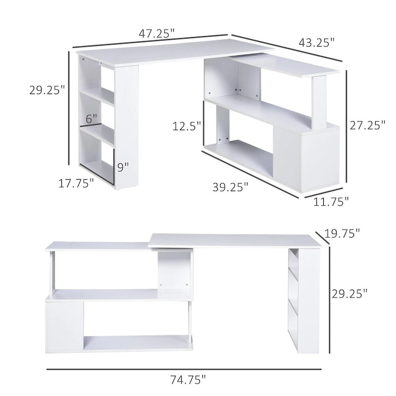 Bureau d'angle en L blanc/naturel, rotatif à 360°, 1 personne