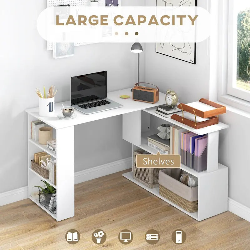 Bureau d'angle en L blanc/naturel, rotatif à 360°, 1 personne