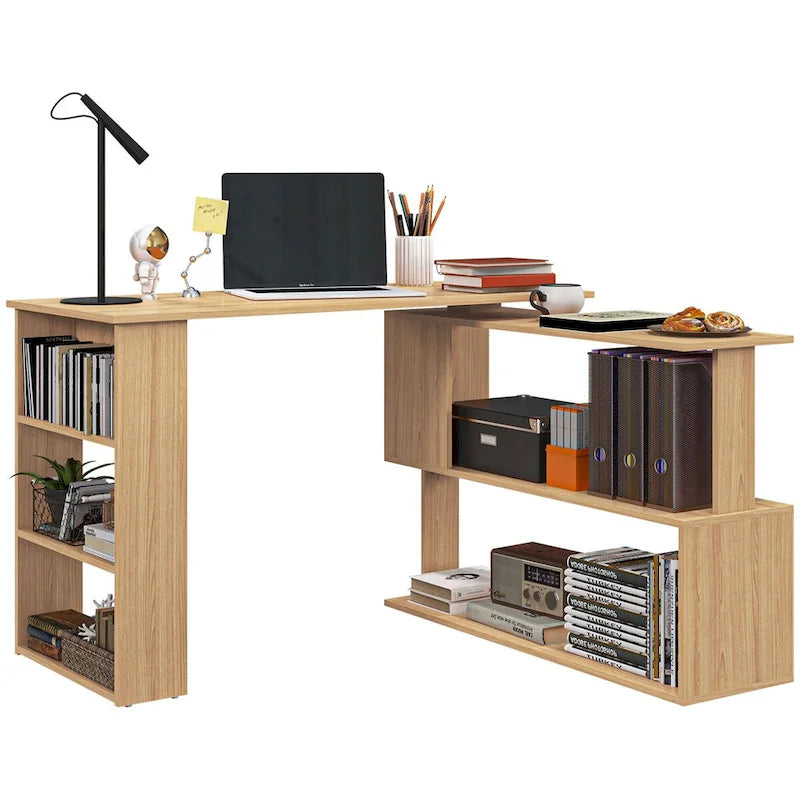 Bureau d'angle en L blanc/naturel, rotatif à 360°, 1 personne