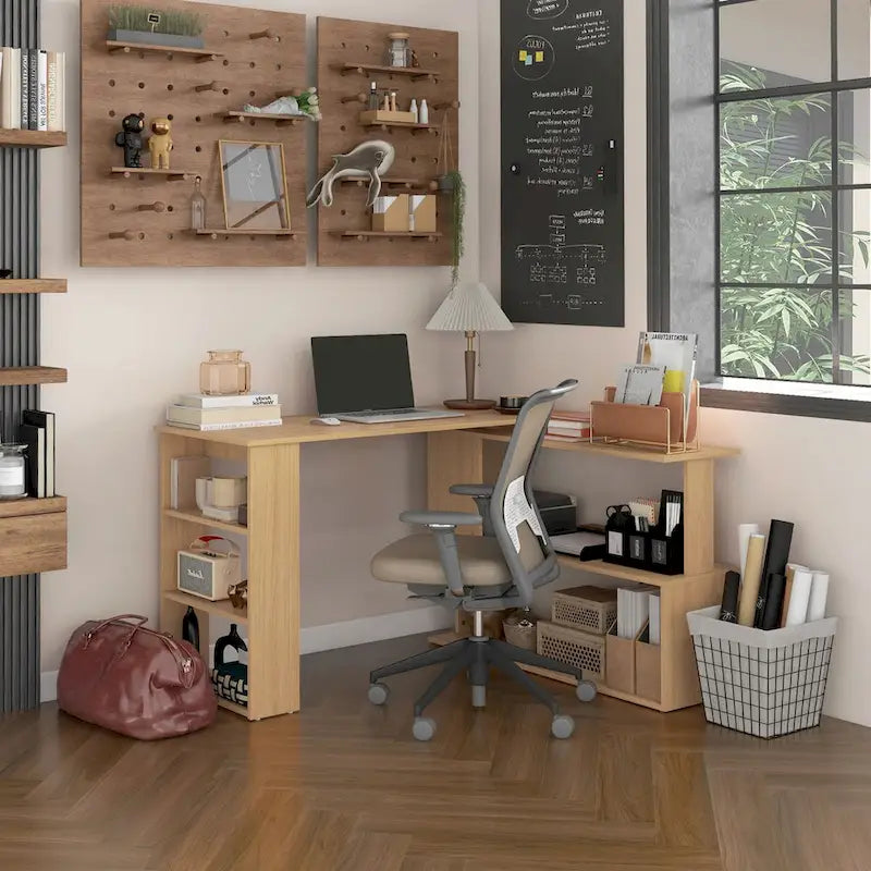 Bureau d'angle en L blanc/naturel, rotatif à 360°, 1 personne