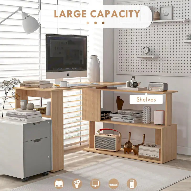 Bureau d'angle en L blanc/naturel, rotatif à 360°, 1 personne