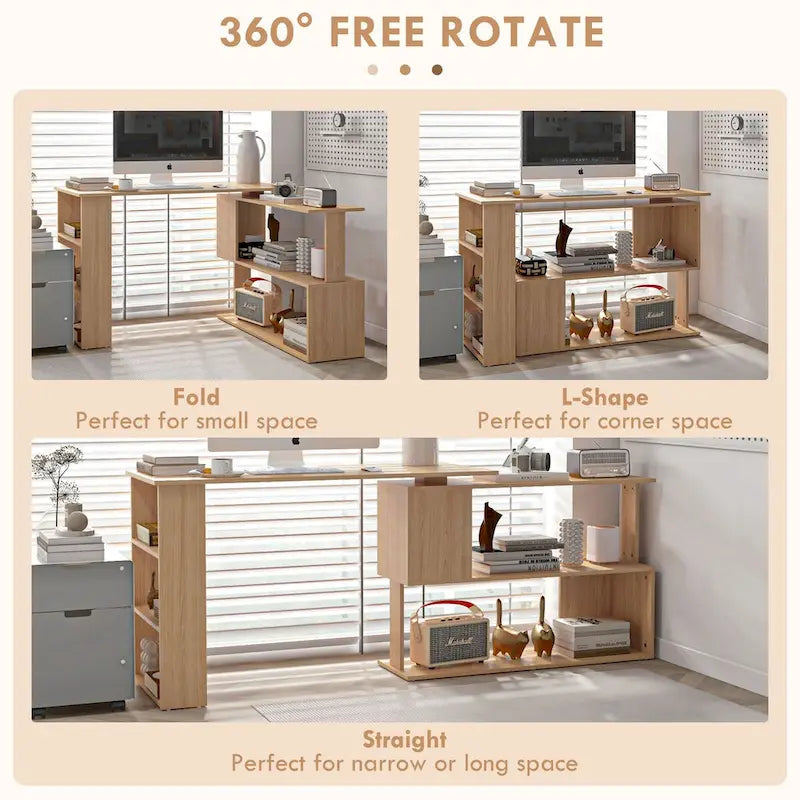 Bureau d'angle en L blanc/naturel, rotatif à 360°, 1 personne