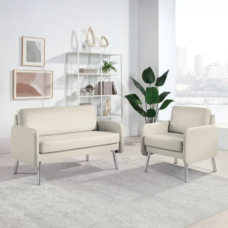 Fauteuil de salon 2 places en similicuir et tissu fumée/anthracite/crème