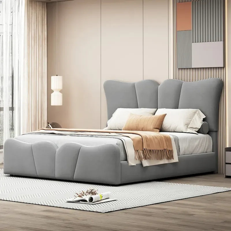 Lit plateforme en velours beige/gris, simple/double, pour 1 personne