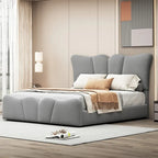 Lit plateforme en velours beige/gris, simple/double, pour 1 personne