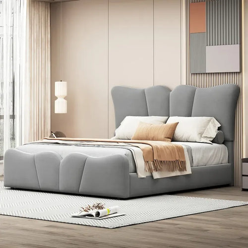 Lit plateforme en velours beige/gris, simple/double, pour 1 personne