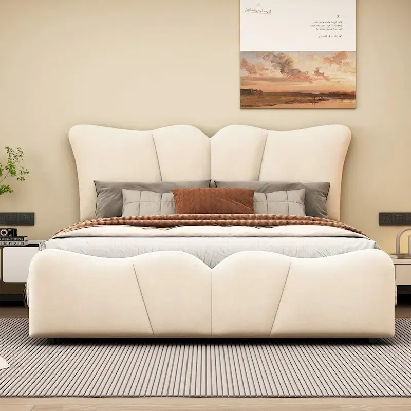Lit plateforme en velours beige/gris, simple/double, pour 1 personne