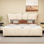 Lit plateforme en velours beige/gris, simple/double, pour 1 personne