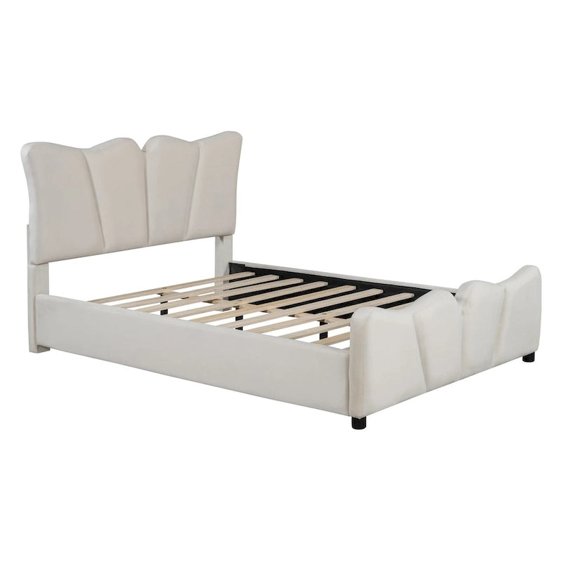 Lit plateforme en velours beige/gris, simple/double, pour 1 personne