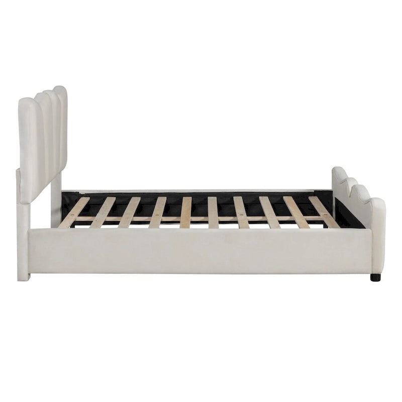 Lit plateforme en velours beige/gris, simple/double, pour 1 personne
