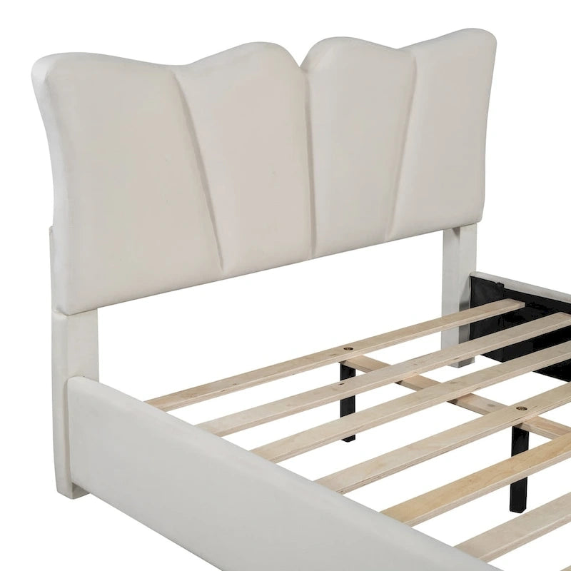 Lit plateforme en velours beige/gris, simple/double, pour 1 personne