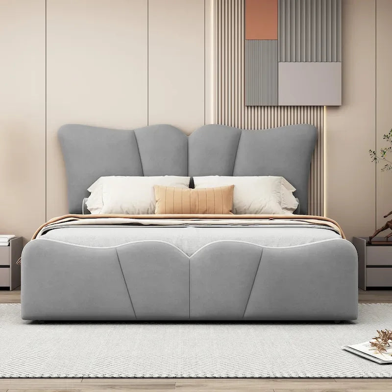 Lit plateforme en velours beige/gris, simple/double, pour 1 personne