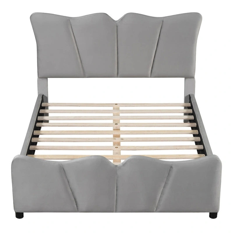 Lit plateforme en velours beige/gris, simple/double, pour 1 personne