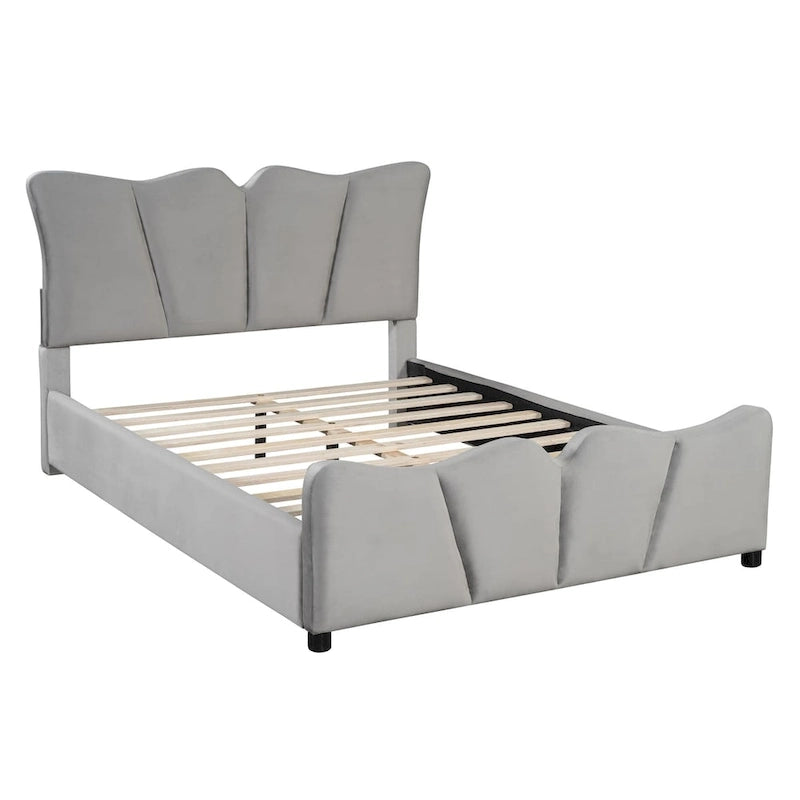 Lit plateforme en velours beige/gris, simple/double, pour 1 personne