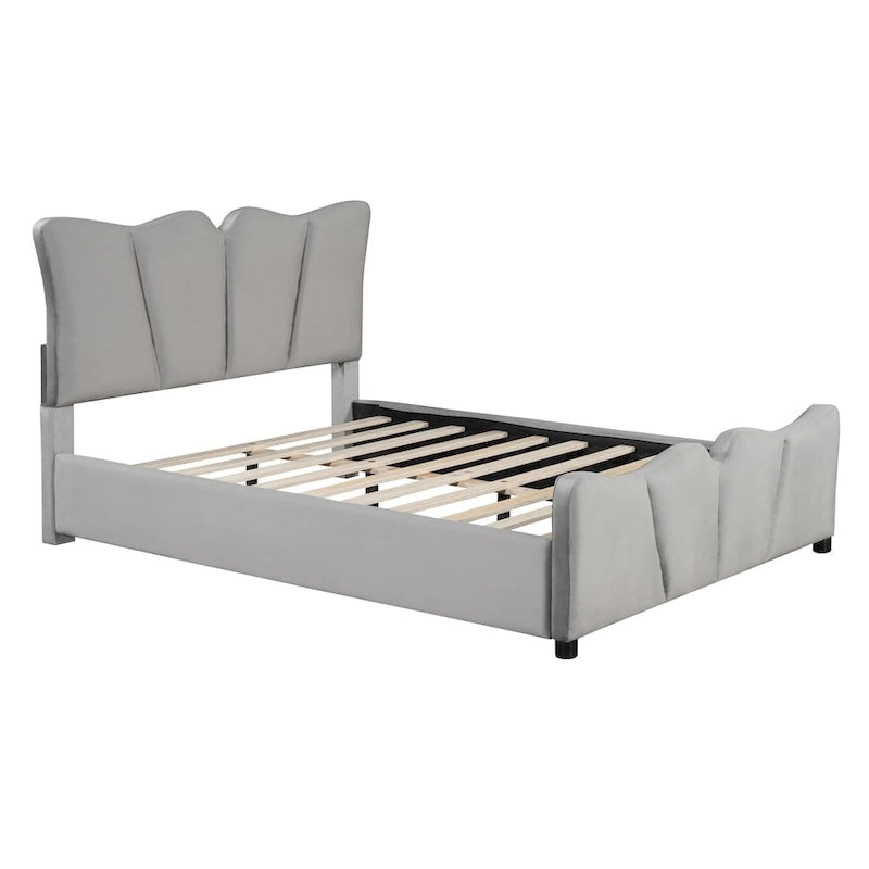 Lit plateforme en velours beige/gris, simple/double, pour 1 personne