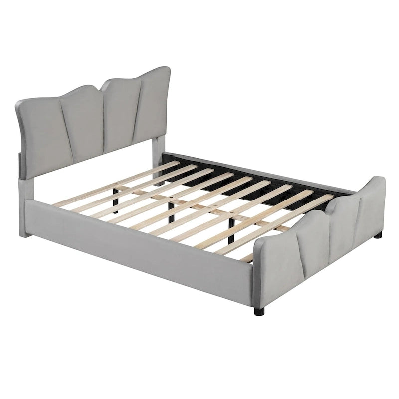 Lit plateforme en velours beige/gris, simple/double, pour 1 personne