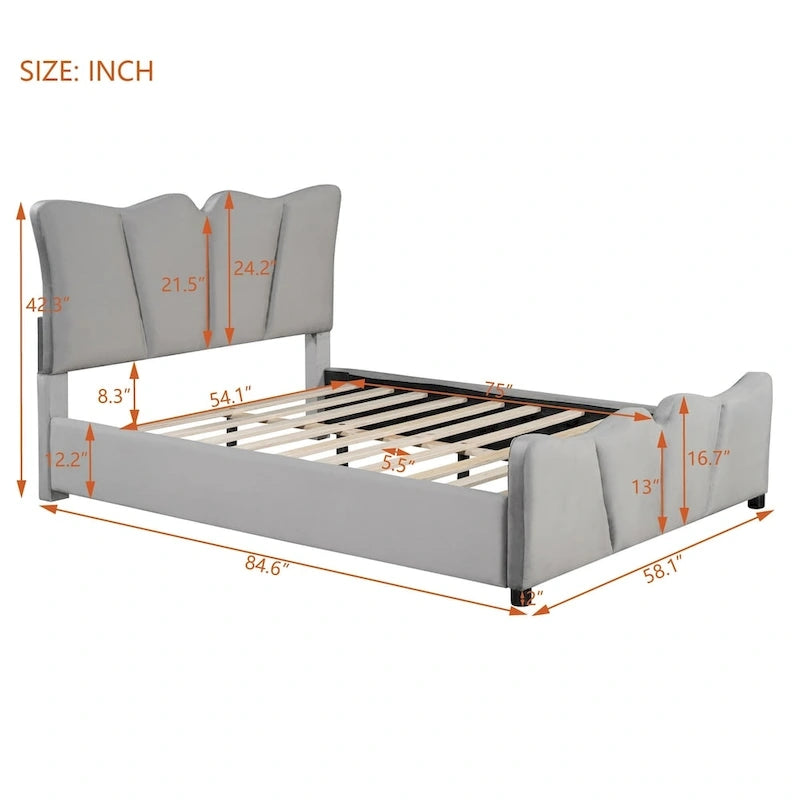 Lit plateforme en velours beige/gris, simple/double, pour 1 personne