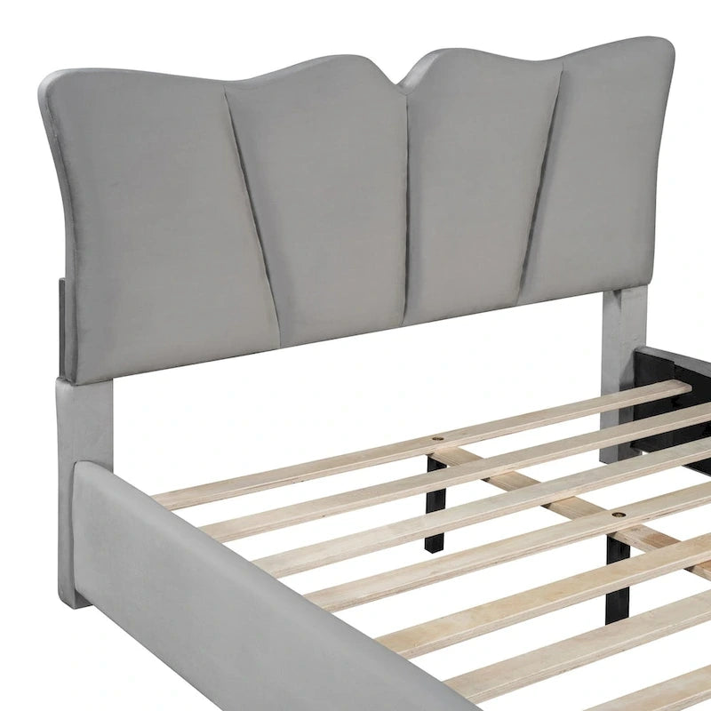Lit plateforme en velours beige/gris, simple/double, pour 1 personne