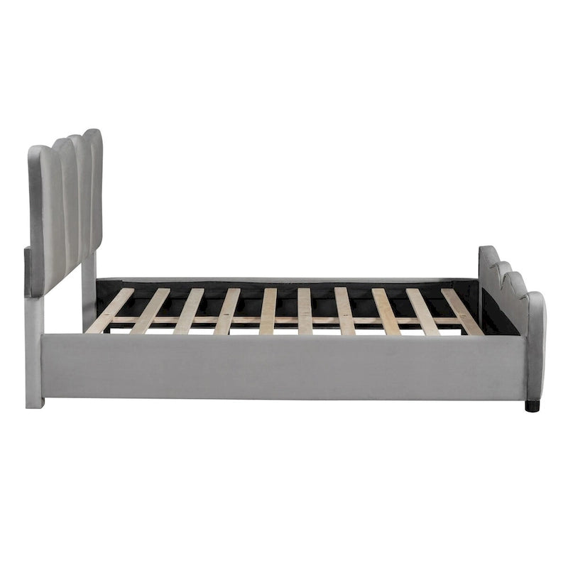 Lit plateforme en velours beige/gris, simple/double, pour 1 personne