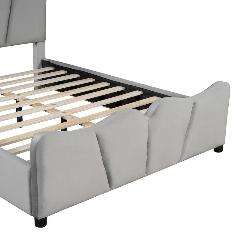 Lit plateforme en velours beige/gris, simple/double, pour 1 personne