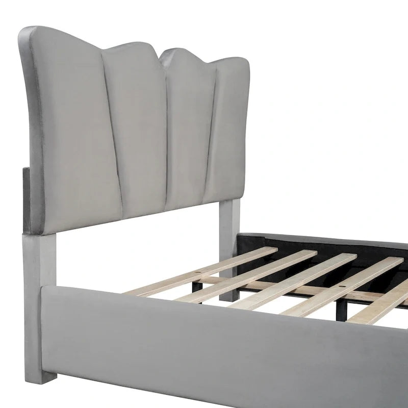 Lit plateforme en velours beige/gris, simple/double, pour 1 personne