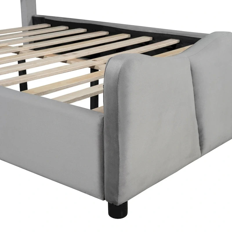 Lit plateforme en velours beige/gris, simple/double, pour 1 personne