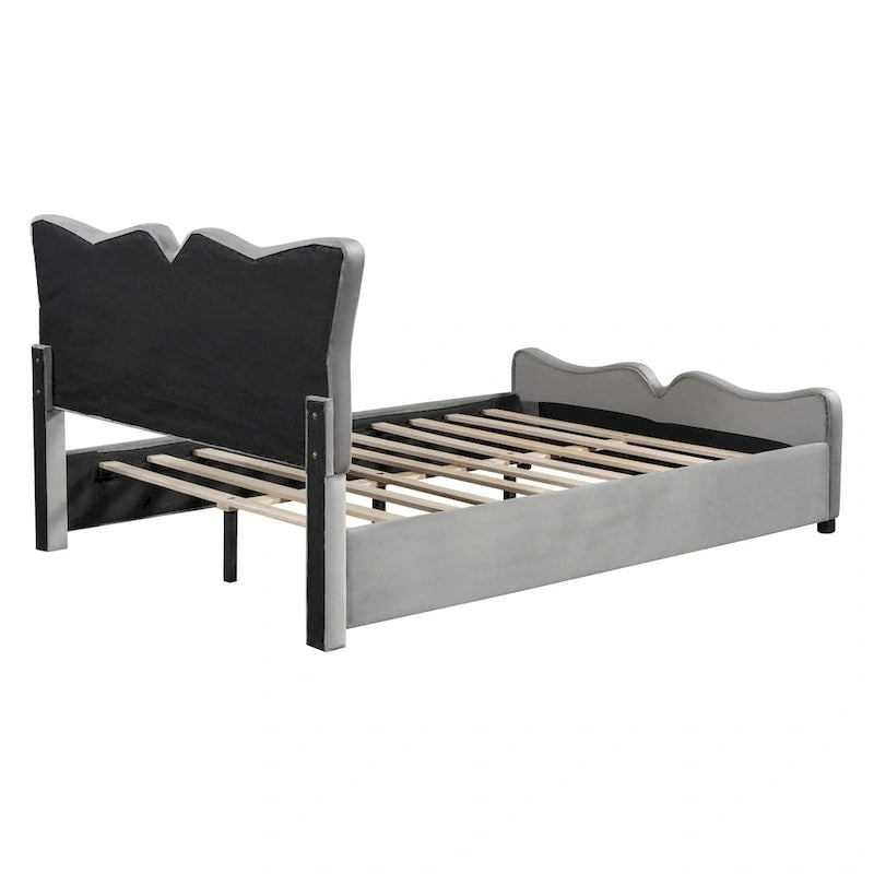 Lit plateforme en velours beige/gris, simple/double, pour 1 personne