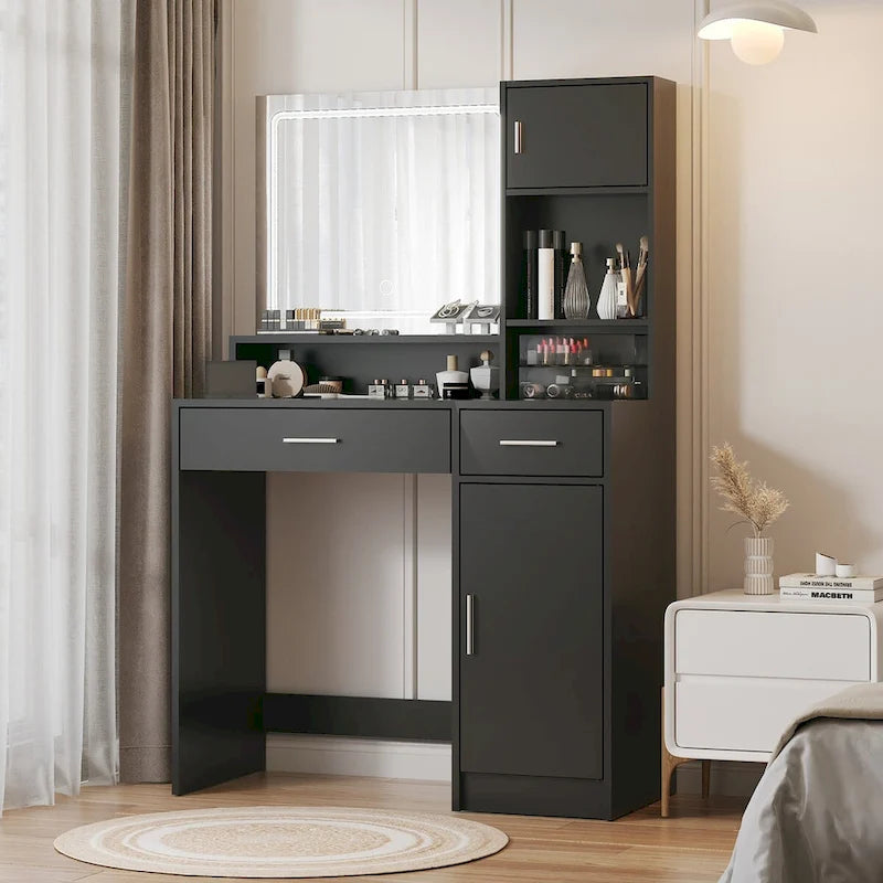 Coiffeuse blanche/noire avec miroir LED, tiroirs et meuble de rangement – 1 personne
