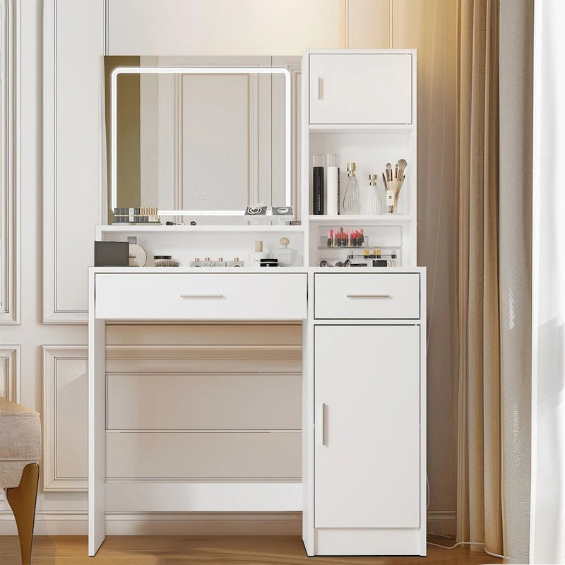 Coiffeuse blanche/noire avec miroir LED, tiroirs et meuble de rangement – 1 personne