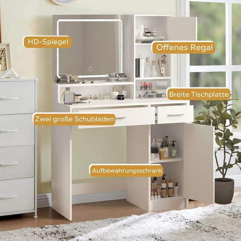 Coiffeuse blanche/noire avec miroir LED, tiroirs et meuble de rangement – 1 personne
