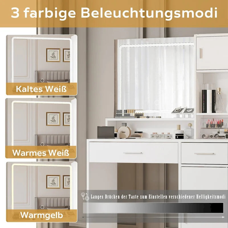 Coiffeuse blanche/noire avec miroir LED, tiroirs et meuble de rangement – 1 personne