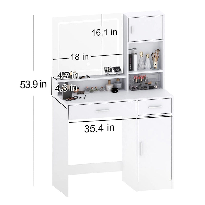 Coiffeuse blanche/noire avec miroir LED, tiroirs et meuble de rangement – 1 personne